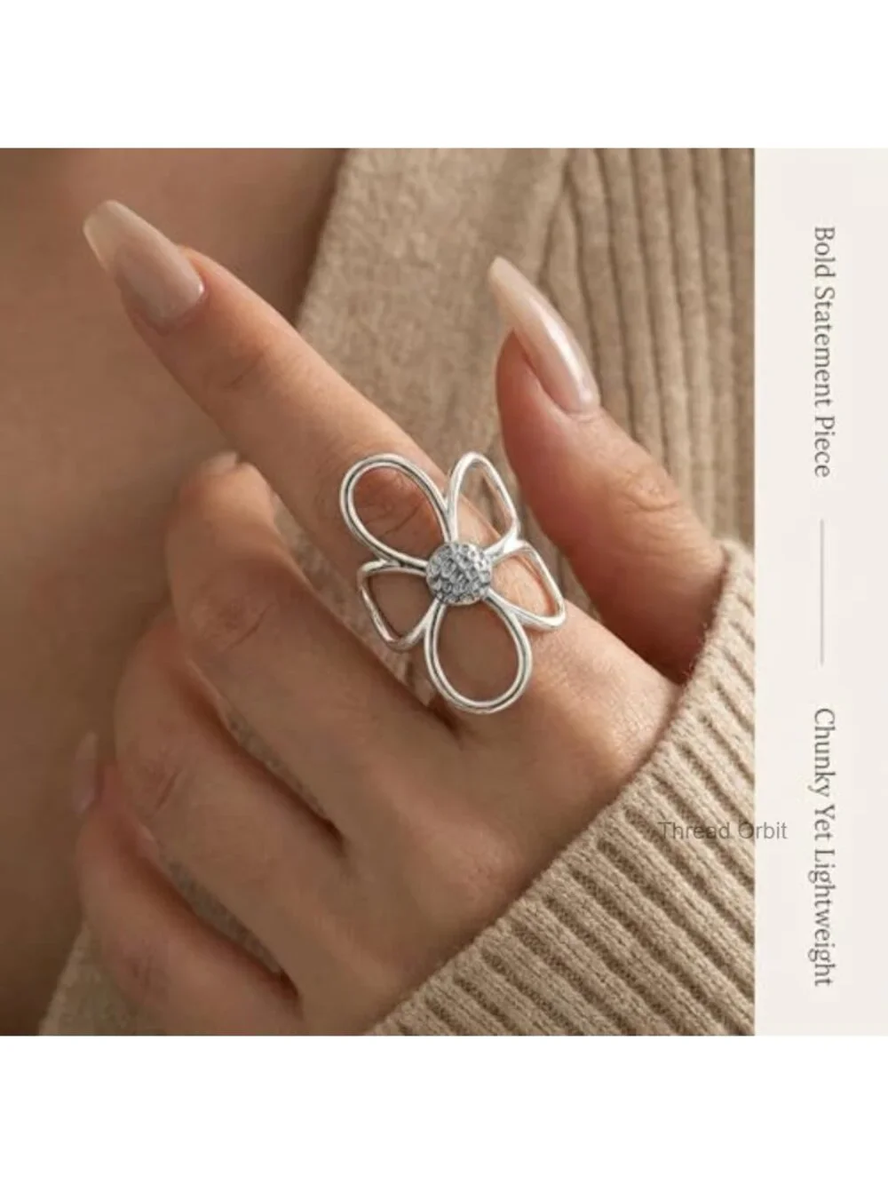 2 Pcs Chunky Hollow Flower Thumb Rings, Open Band Adjustable Two-Tone Statement